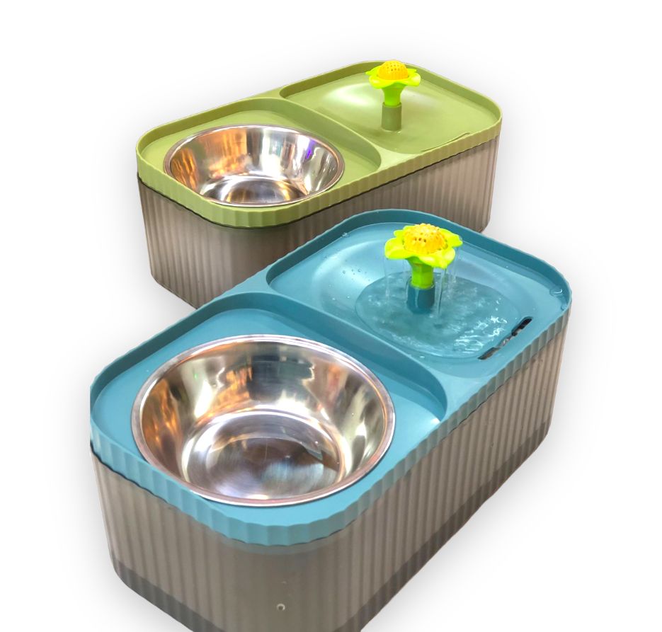 Comedero doble con fuente de agua para mascotas 